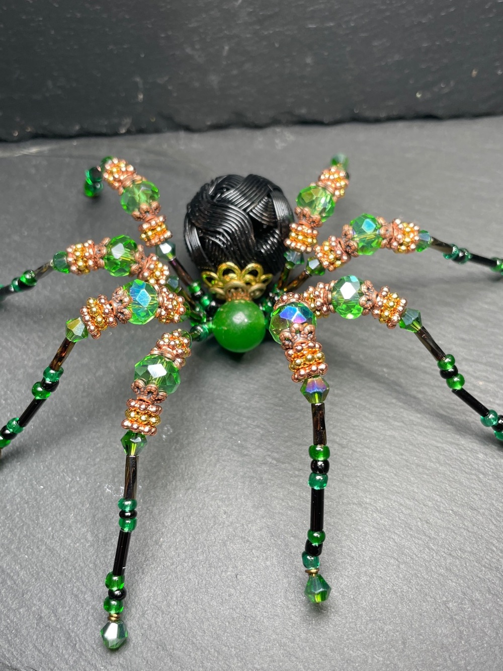 Artisan Made | Green Jade | Black Crystal Beaded Spider | Halloween Ornament - Picture 7 of 14